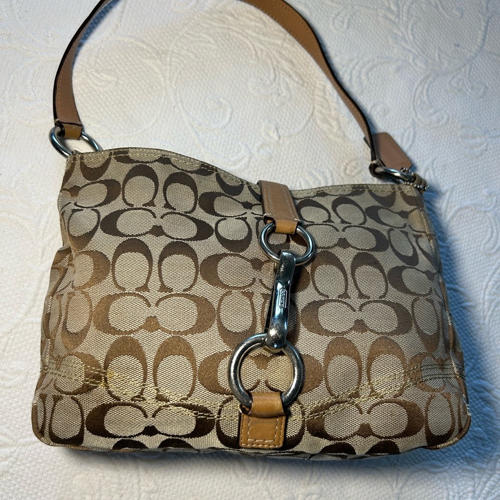 Coach Hampton Beige and Brown Signature Shoulder Bag